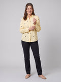 Flora women's cotton linen top yellow - front view on model