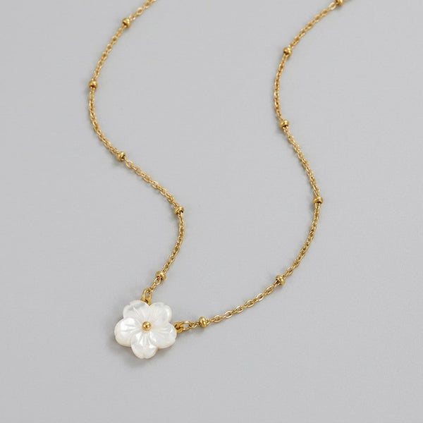 White blossom flower pendant gold necklace