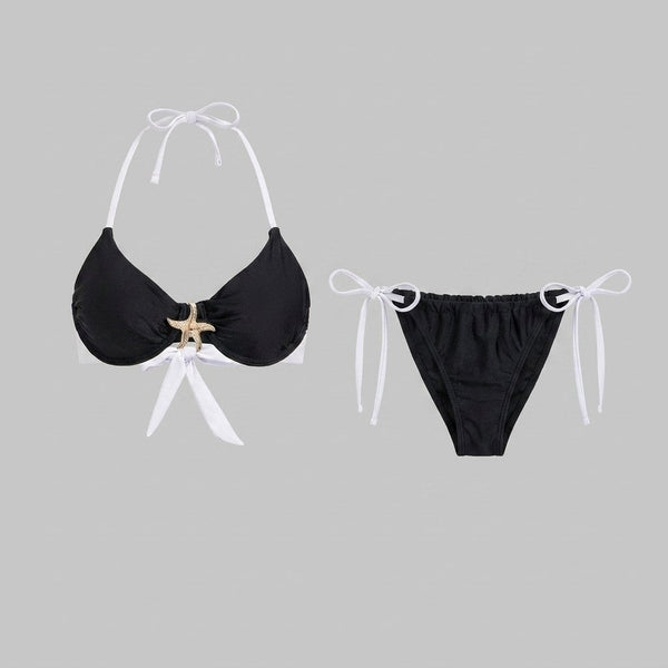 Black halter bikini set front flat-lay