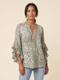 Isabella bohemian flutter-sleeve blouse in sage green floral