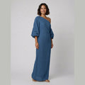 Ivory Elegance one-shoulder linen dress Blue on model