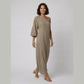 Ivory Elegance one-shoulder linen dress Khaki on model