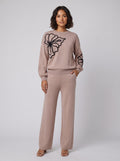 Jenna flower embroidered knit set beige - front on model
