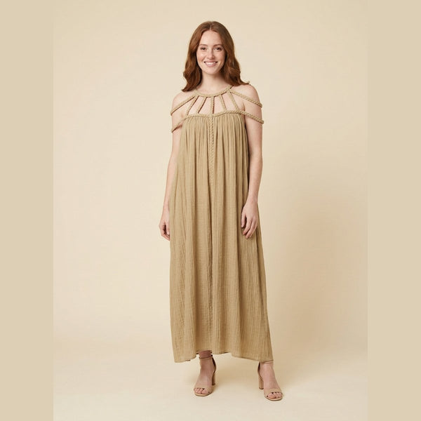 Lina linen draped braids maxi dress khaki