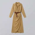 Luna | Long Sleeve Maxi Dress Lapel Collar, Belted Elegance