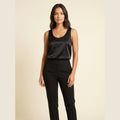 Luna black satin U-neck tank top front on model