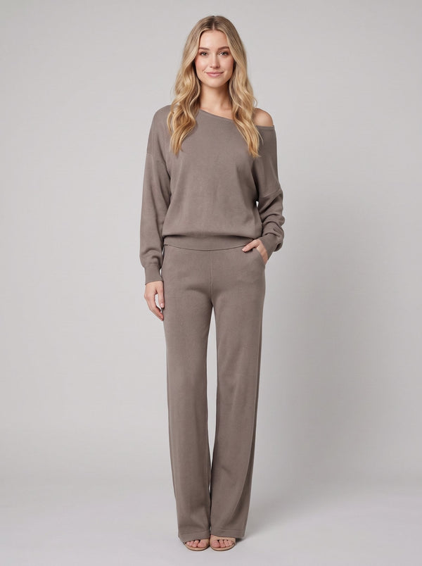 Luxe Eleganza loungewear set in camel taupe, off-shoulder knit sweater and wide-leg pants, front view on model