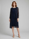 Maya navy sheath dress with lace duster jacket, front