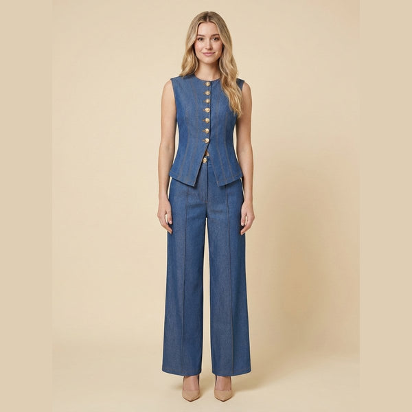 Mela denim two-piece set front - gold button waistcoat and wide-leg trousers