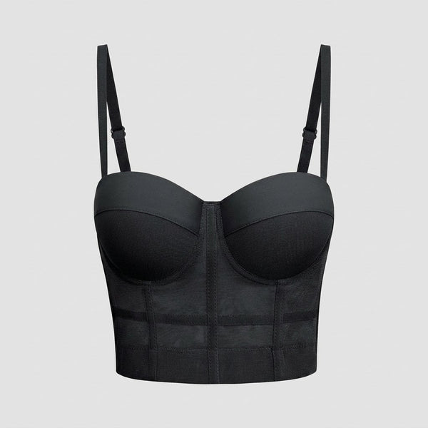 Mira mesh underwire bustier top in black - flat lay