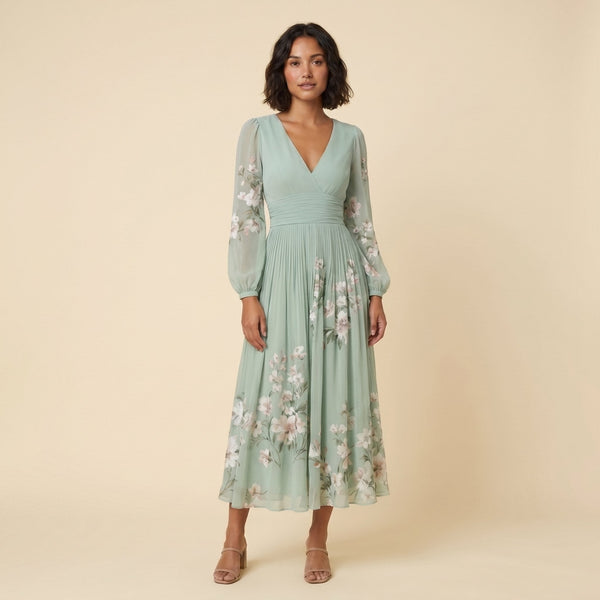 Mira sage green floral midi dress front on model