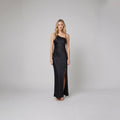 Mira black satin open-back maxi on model
