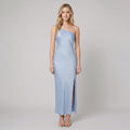 Mira blue satin open-back maxi on model