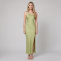 Mira green satin open-back maxi on model