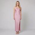 Mira pink satin open-back maxi on model