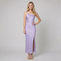 Mira purple satin open-back maxi on model