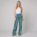 Mira marble print high waisted pants blue on model