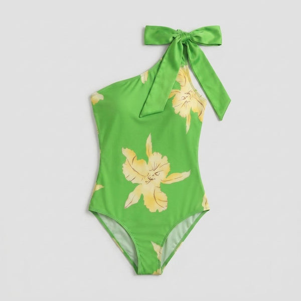 Green yellow floral one-piece swimsuit front flat-lay