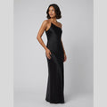 Mira open back satin maxi dress black on model