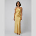 Mira open back satin maxi dress yellow on model