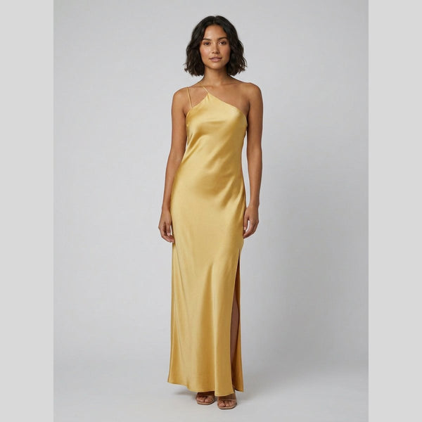 Mira open back satin maxi dress yellow on model