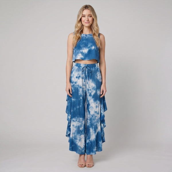 Mira blue tie dye blouse and ruffled pants set front on model