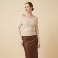 Olea off-shoulder knit top in apricot on female model