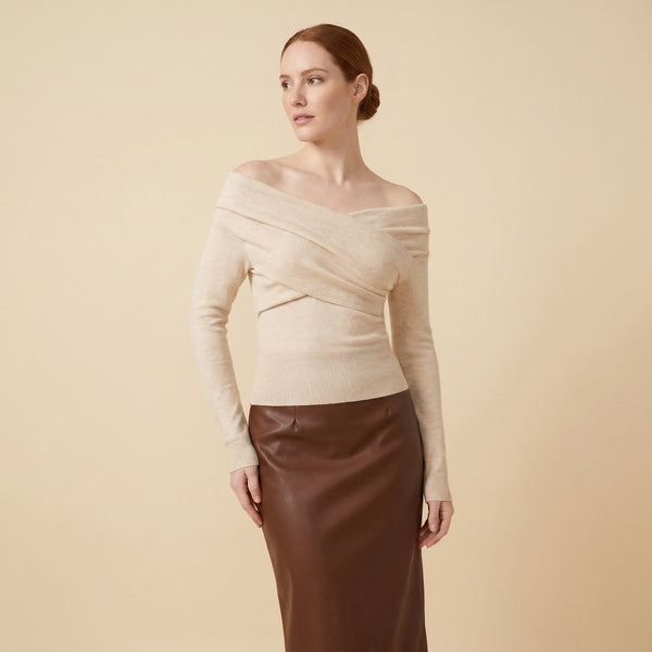 Olea off-shoulder knit top in apricot on female model
