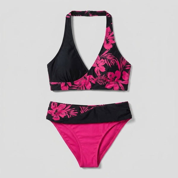 Penny black and pink floral bikini set flat-lay front