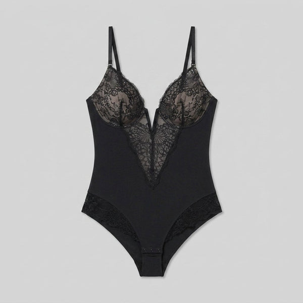 Poppy lace deep-V bodysuit black