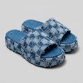 Riley denim checkerboard slides sea blue