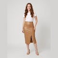 Riva faux leather midi skirt apricot on model