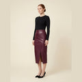 Riva faux leather midi skirt burgundy on model