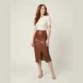 Riva faux leather midi skirt camel on model