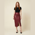 Riva faux leather midi skirt red on model