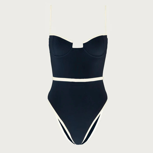 Riviera Monokini black one-piece swimsuit with ivory contrast trim, front