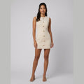 Ronda beige sleeveless mini dress with gold buttons