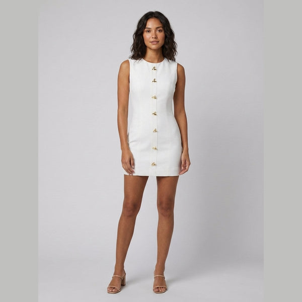 Ronda white sleeveless mini dress with gold buttons, on model