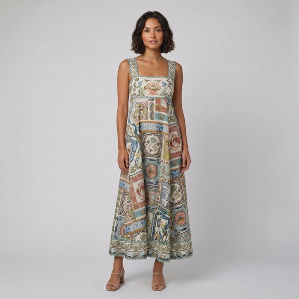 Sela linen-blend folk-print square-neck maxi dress, front