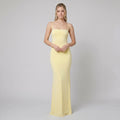 Sera square-neck column evening gown in pastel yellow