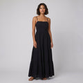 Sola black backless tiered maxi summer dress on model