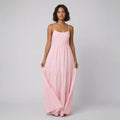 Sola pink backless tiered maxi summer dress on model
