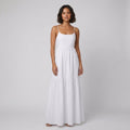 Sola white backless tiered maxi summer dress on model
