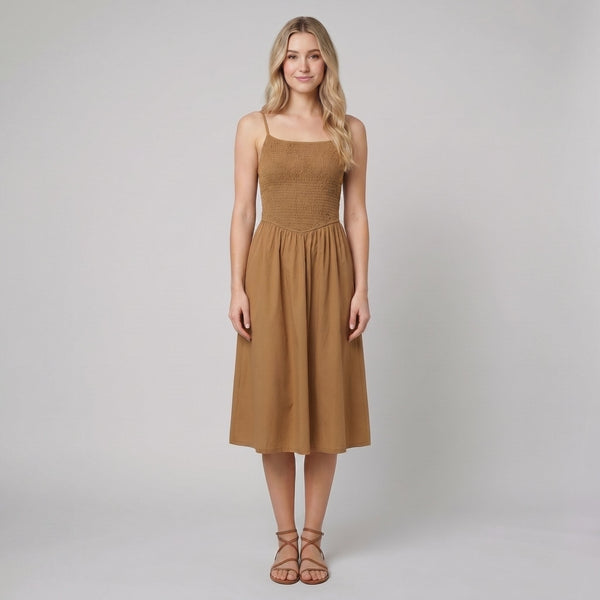 Soleil brown flowy A-line spaghetti-strap summer dress front on model