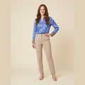 Blue satin blouse leopard collar front