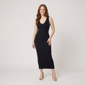 Svelte black deep V-neck ribbed bodycon midi dress on model