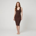 Svelte brown deep V-neck ribbed bodycon midi dress on model