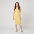 Svelte butter yellow deep V-neck ribbed bodycon midi dress on model