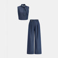 Tina | Blouse Pants Set Cotton Blend, Regular Fit, Tie-Neck Detail