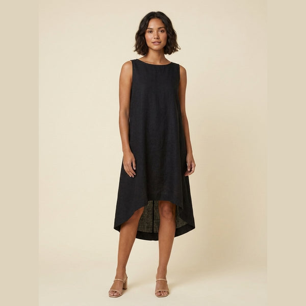 Toscana black linen high-low dress front
